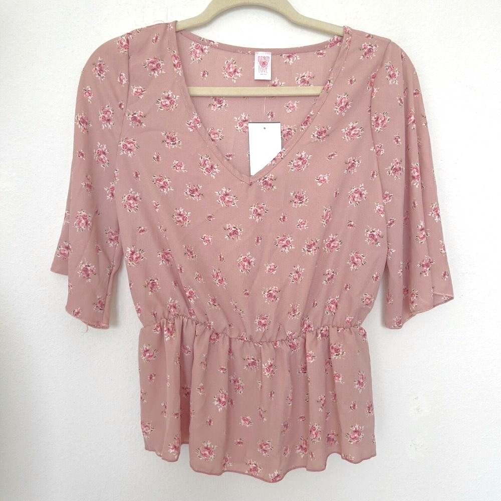 🔵 Nordstrom Floral Peplum Blouse top elastic waist SMALL mauve pink Victorian